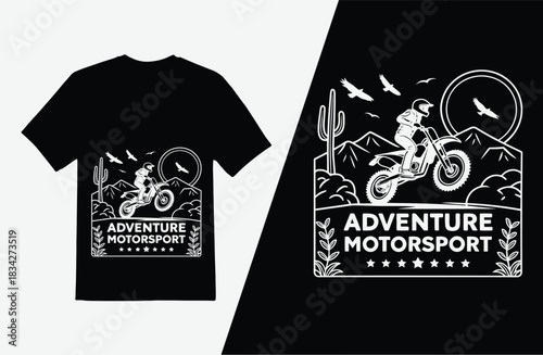 Bold adventure motorsport thirt design with desert landscape, perfect for outdoor enthusiasts and adrenaline junkies