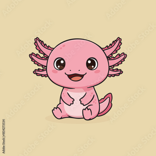 Cute pink axolotl sitting happily with big eyes and frilly gills. Adorable aquatic creature cartoon perfect for kids books, stickers, nursery decor, educational materials, and character design.