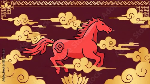 Red Horse Running Through Golden Clouds Chinese Zodiac Symbol.