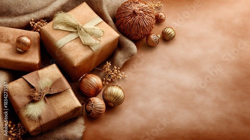 Monochromatic Christmas Card Composition with Wrapped Gift Boxes, Baubles, and a Soft Textile Backdrop, Featuring Elegant Textures and Warm Tones