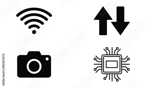 Four simple black icons representing technology and connectivity