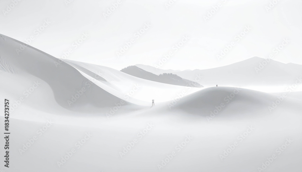 Fototapeta premium Ethereal landscape featuring soft white sand dunes under a misty atmosphere, with distant mountains creating a serene and tranquil environment, embodying the essence of calmness Cloud Dancer color