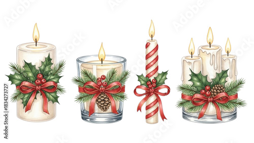 Watercolor Christmas Candle Set with Holly Leaves, Pinecones, Red Bows and Festive Decorations