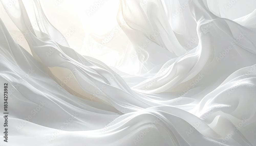 Obraz premium Ethereal white fabric flows gracefully, creating soft waves and delicate textures, evoking a sense of tranquility and lightness in a serene atmosphere with copy space, Cloud Dancer color