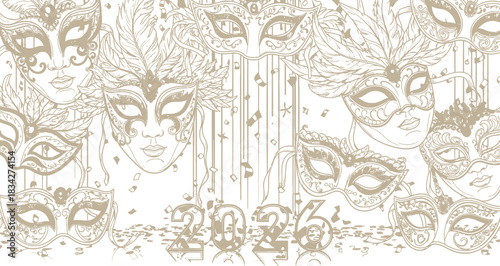 Elegant venetian masks with gold confetti for a festive 2026 new year celebration