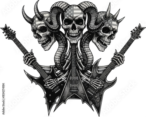 Three Headed Skull Band with Guitars Illustration for Rock and Heavy Metal Music Fans