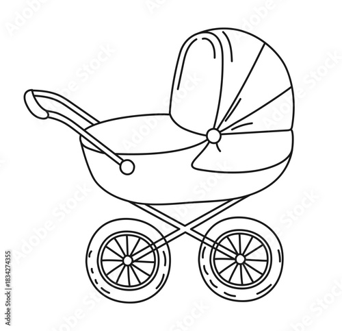 Baby stroller sketch icon for newborn care, child transport, infant accessories. Hand drawn black outline vector illustration with white background