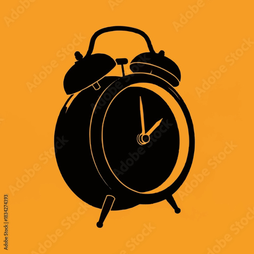 Silhouette of a Classic Alarm Clock on Orange Background.