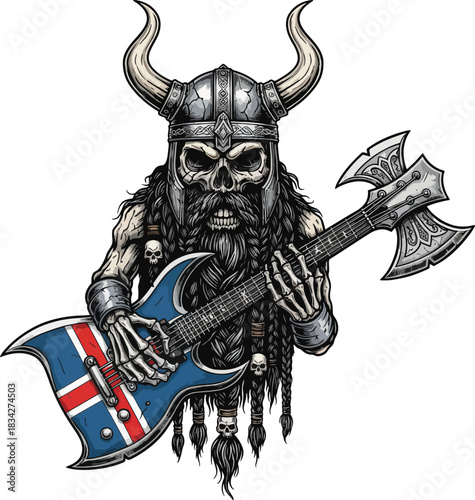 Viking Skeleton Shredding Icelandic Flag Guitar Heavy Metal Illustration Detailed Artwork