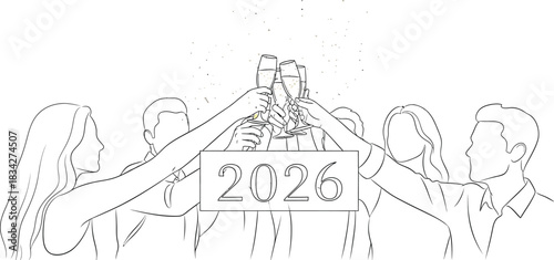 Group of friends toasting champagne glasses celebrating new year 2026 together