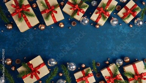 Top view of holiday gifts, pine cones, and baubles framing a copy space