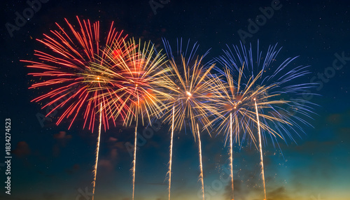 Bright and colorful fireworks display exploding in the dark night sky