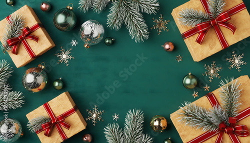 Top view of holiday presents, pine branches, and red ribbon on a dark teal surface