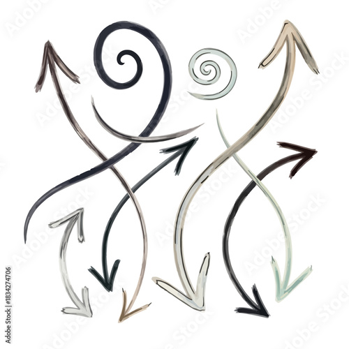 Hand drawn arrows and spirals in black and gray on white