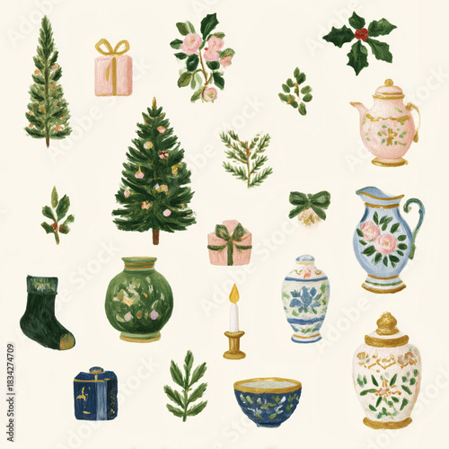 Vintage chromolithographic Christmas illustration featuring classic festive decor and rich traditional colors.