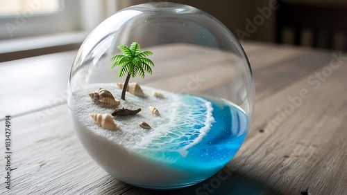 Dreamy miniature beach scene with palm tree in glass terrarium brings tropical serenity to your creative project