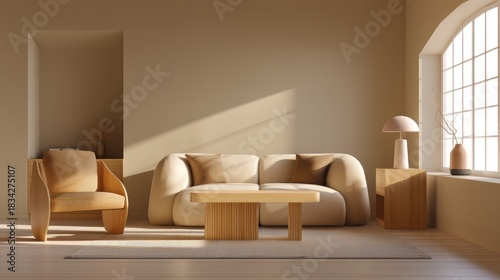 Warm modern living room interior with soft natural sunlight, sculpted furniture and neutral textured decor, ideal for home design concepts, lifestyle visuals and contemporary presentation backgrounds