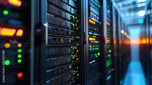 Server racks with vibrant LED indicators in a modern IT data center illuminated by warm and cool lighting, ideal for cloud infrastructure visuals and high tech digital presentation backgrounds