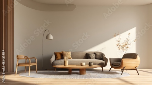 Warm modern living room interior with soft sunlight, wooden furniture and neutral decor, ideal for home design concepts, lifestyle visuals and contemporary presentation backgrounds