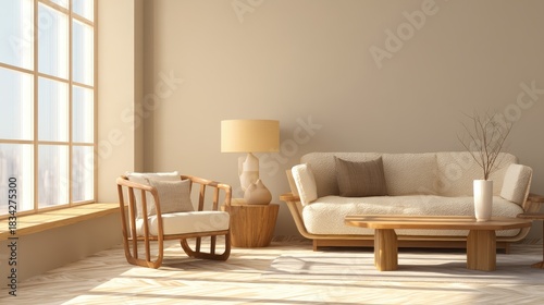 Cozy modern living room interior with warm natural sunlight, wooden furniture and soft textured decor, ideal for home design concepts, lifestyle visuals and contemporary presentation backgrounds