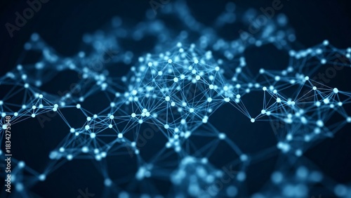 Abstract blue network of interconnected dots and lines representing data, technology, or digital communication.