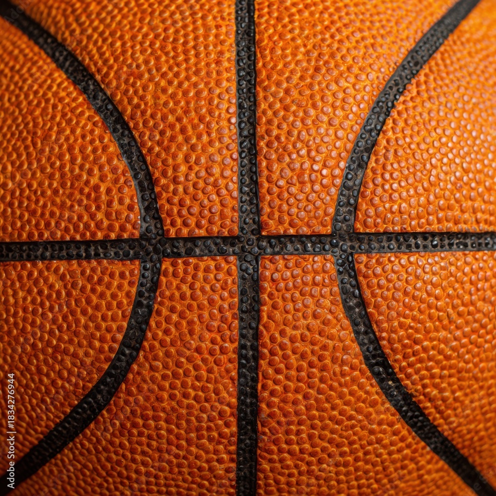 Fototapeta premium Close up of basketball showing texture and black lines, sports equipment detail, athletic lifestyle, orange ball, macro view, professional quality