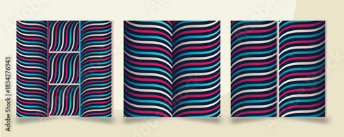 Vector collection of vertical posters featuring optical illusion stripes. Stylish 70s inspired designs with 3D cylindrical effects perfect for contemporary home decor.