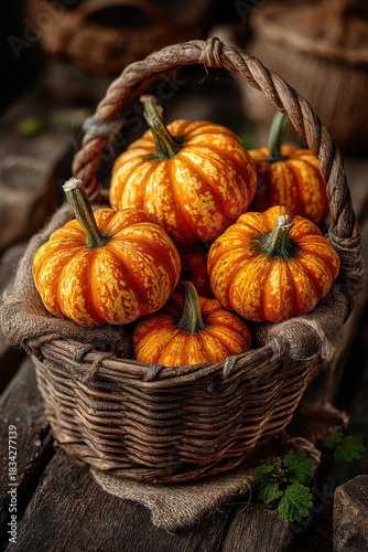 Wallpaper Mural Basket of Small Pumpkins on a Dark Wooden Background for Autumn Harvest and Cozy Decor Torontodigital.ca