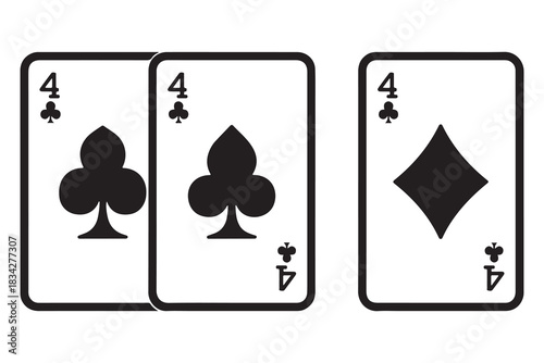  Three playing cards showing the number four of spades and diamonds suits