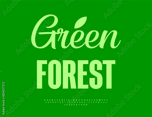 Vector eco template Green Forest with stylish Font. Set of Bright Alphabet Letters and Numbers