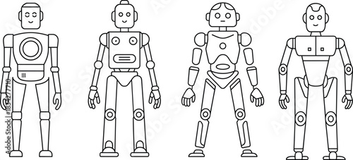 Stylized robot lineup with unique heads, mechanical limbs, geometric patterns, humanoid features, futuristic tech illustration, robotics concept flat vector
