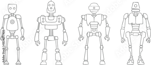 Robot character set with unique heads, limbs, expressions, mechanical design, futuristic style, cartoon tech illustration, sci-fi flat vector