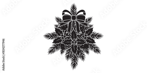 Monochrome vector art set with pine branch olive twig snowflake ornament and pinecone arranged separately for christmas and winter decoration design in minimalist silhouette style