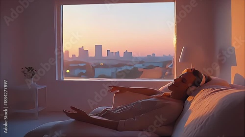 Sunset Serenity: City View from Cozy Bedroom with Headphones