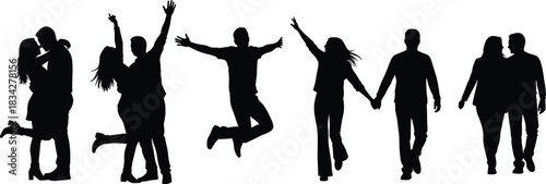 Joyful people silhouette set, couples, friends, jumping, walking, hugging, expressive poses, human connection, happiness illustration, bonding flat vector