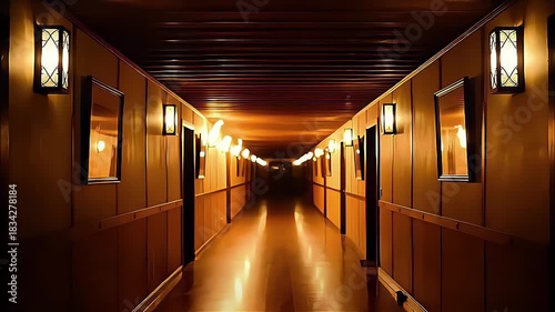 Golden Glow Corridor: Vintage Lanterns and Framed Art in Warm Lit Passage