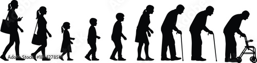 Human life stages silhouette sequence, childhood to old age, walking figures, aging process, development timeline illustration, evolution flat vector