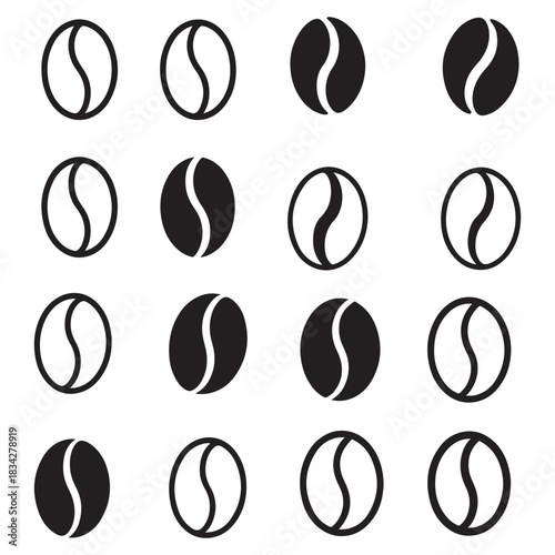 Minimal Coffee Bean Outline Icon Set – Black Line Coffee Vector