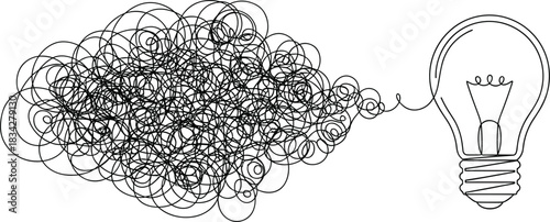 Minimalist Single-Line Light Bulb Emerging from Chaotic Wire Scribbles.