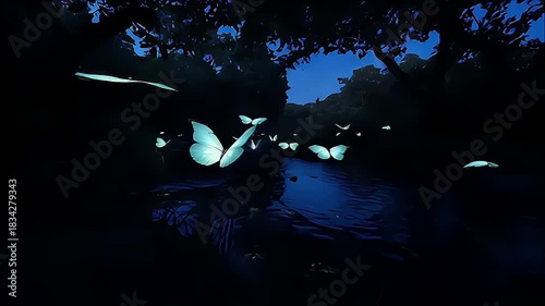 Luminous Wings: Glowing Butterflies in Moonlit Forest Canopy