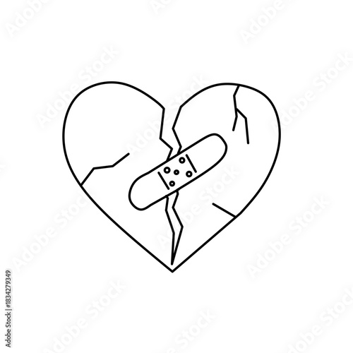 A simple line art of a cracked and broken heart mended with a bandage, symbolizing healing a broken heart, recovery from pain, emotional repair, and resilience.