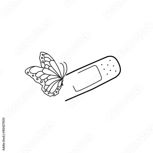 A simple line art drawing of a butterfly emerging from a bandage, symbolizing healing, recovery, transformation, and finding beauty and freedom after an injury or struggle.