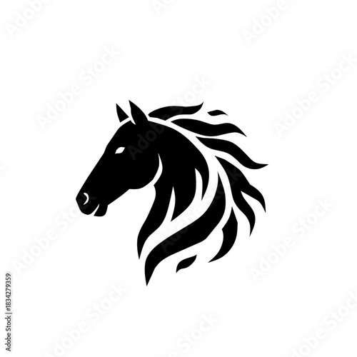 A striking black silhouette of a horse's head in profile, featuring a powerful, stylized mane that flows like flames or water, symbolizing strength, speed, and elegance.