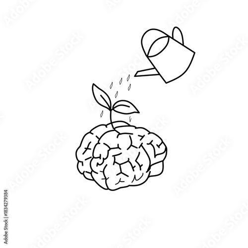 A creative line art showing a watering can nurturing a plant growing from a brain, symbolizing knowledge, growth, creativity, and the power of learning and ideas.