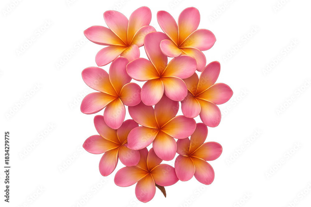 Fototapeta premium Group of frangipani flowers blooming, displaying warm pink and yellow hues. Transparent background makes it versatile