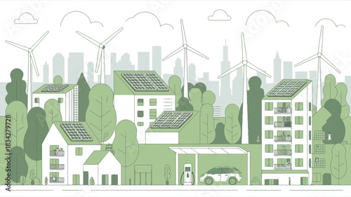 Sustainable city with renewable energy sources and electric car charging