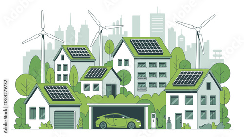 Sustainable eco friendly neighborhood with solar panels and wind turbines