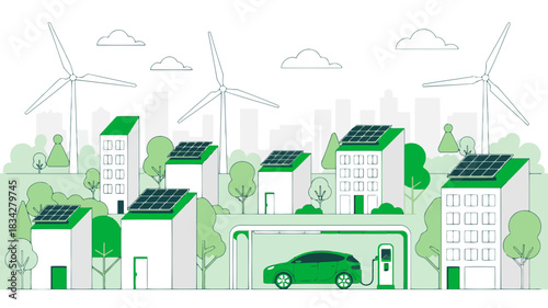 Green city with renewable energy sources and electric car charging station