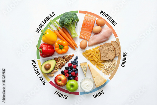 Creative food pie chart made of fresh ingredients including vegetables, grains, and proteins arranged in a circle to represent a balanced diet and nutritional food groups on a white background.