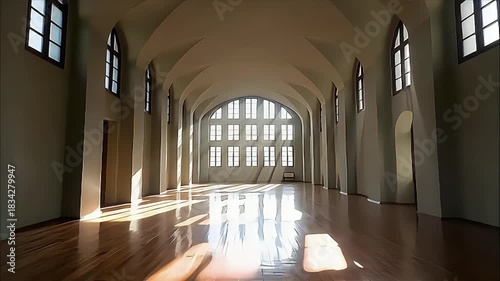Sunlit Arched Hall: Spacious Interior with Stained Glass Windows